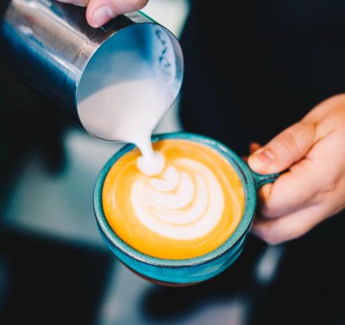 une personne versant du lait dans une tasse de café dans l'établissement Charcas Suites Palermo Soho, à Buenos Aires
