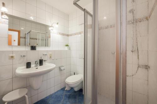 een badkamer met een toilet, een wastafel en een douche bij Düneneck 32 in Zempin