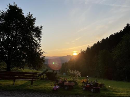 a sunset in a field with tractors in the grass at Hugenhof in Kirchzarten