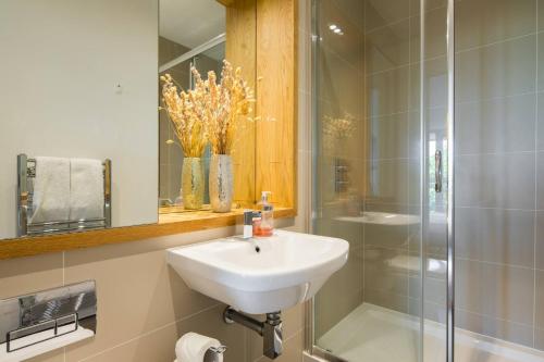 a bathroom with a sink and a shower at Wild Roses Serviced Apartments - Greenwich in London