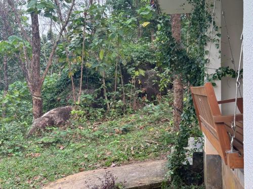 an elephant walking down a path in the woods at Farm stay in a coffee plantation near Athirappally in Kodali