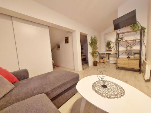 a living room with a couch and a table at Red Clay Apartments City Club in Belgrade