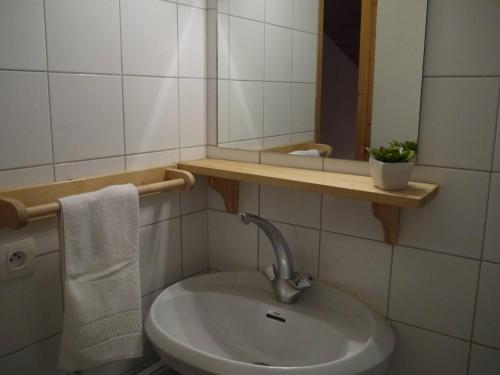 une salle de bain avec un lavabo et un miroir dans l'établissement Appartement spacieux à Méribel, accès pistes, animaux admis - FR-1-355-162, à Les Allues