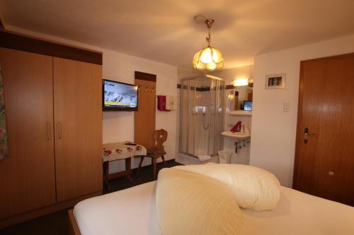 a bedroom with a bed and a bathroom with a shower at Ferienwohnung im Zentrum von Kappl Paznauntal PAZN100 by FeWo-PLAN in Kappl
