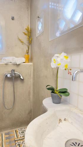 a bathroom with a toilet and a sink with a plant at Mykonos Seaview Nests - Tourlos Getaways in Tourlos