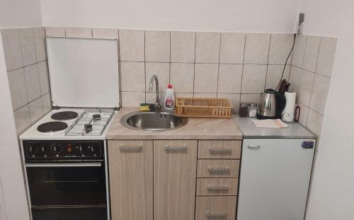 a small kitchen with a sink and a stove at Studio apartman Jakšić in Trebinje
