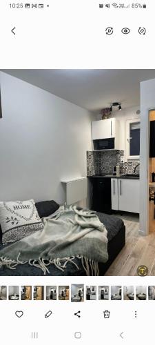 Cette chambre blanche dispose d'un lit et d'une cuisine. dans l'établissement Studette cosy ideal pour un séjour parisien métro Duroc, à Paris