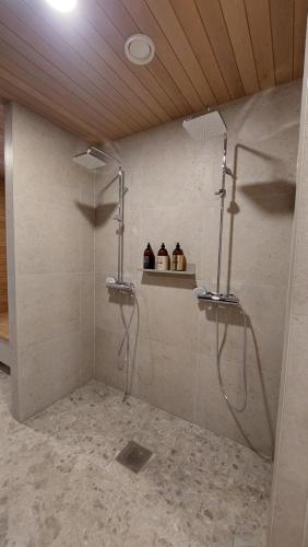 a bathroom with a shower with three bottles on the wall at Villa Tervas, Arctic circle in Rovaniemi