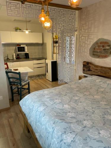 a bedroom with a large bed and a kitchen at Emozioni al Lago in Farra dʼAlpago