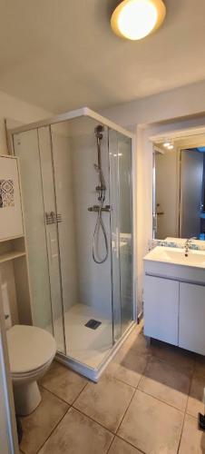 une salle de bain avec une douche, des toilettes et un lavabo dans l'établissement La Maisonnette, à Béziers