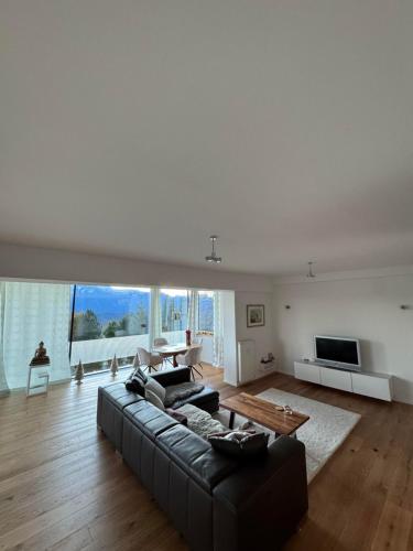 Una sala de estar con un sofá y un televisor. en Weisse Villa am Millstätter See, en Obermillstatt