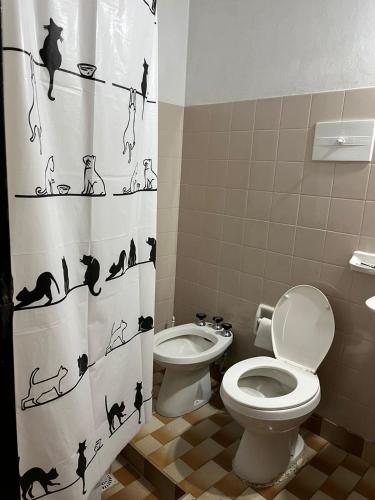 a bathroom with a toilet and a shower curtain at Hosteria Cerros Dorados in Cosquín