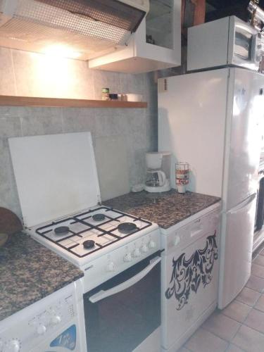 La cuisine est équipée d'une cuisinière blanche et d'un réfrigérateur. dans l'établissement Hosting Maison La Place, à Mérens-lès-Vals