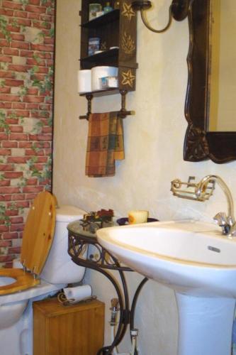 une salle de bain avec un lavabo blanc et des toilettes dans l'établissement Hosting Maison La Place, à Mérens-lès-Vals