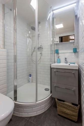 une salle de bain avec une douche, des toilettes et un lavabo dans l'établissement Lofts Marais Reaumur, à Paris