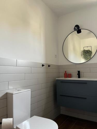 a bathroom with a toilet and a mirror at La Chata in Costa Calma