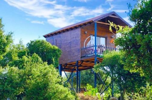 a wooden cabin with a balcony in the woods at اكواخ سفاري السياحية in Ajloun