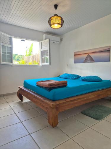 a bedroom with a large bed with blue sheets at Maison charmante à Sainte-Anne avec jardin et pergola en bois. in Sainte-Anne