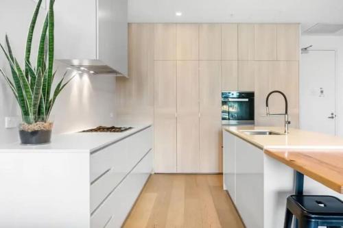 una cucina con armadi bianchi e una pianta in vaso di Parkvue 11 What a Spot a Mornington