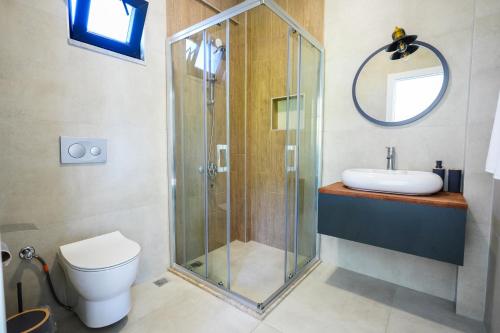 Un baño con ducha, inodoro y lavabo. en Villa Nature, en Ortaca