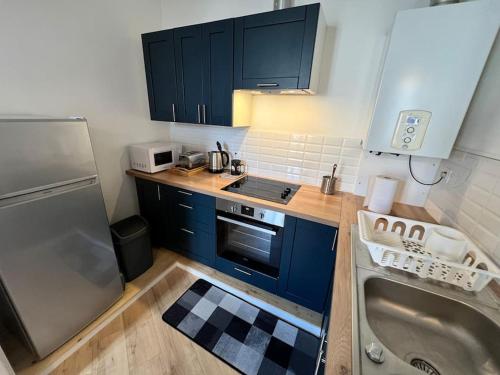 a small kitchen with blue cabinets and a sink at Saint Goustan à pied! Joli appartement 2p in Auray