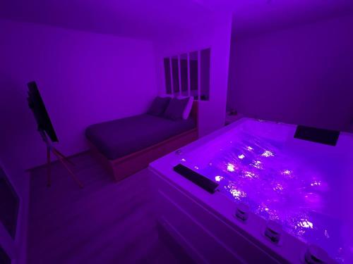 a purple room with a bed and a couch at Appartement avec jacuzzi proche du centre in Strasbourg