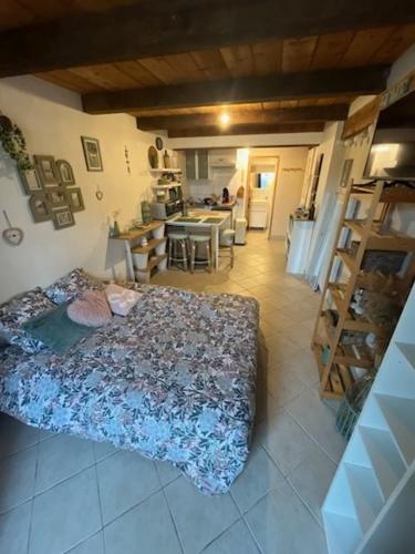 une chambre avec un grand lit dans une pièce dans l'établissement Joli studio meublé, à Cabriès