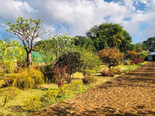 a cobblestone path in a garden with trees at Villa SAIDIA climatisée avec PISCINE in Diego Suarez