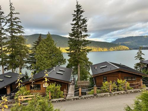 a log cabin with a view of a lake at Eagle Way in Port Renfrew