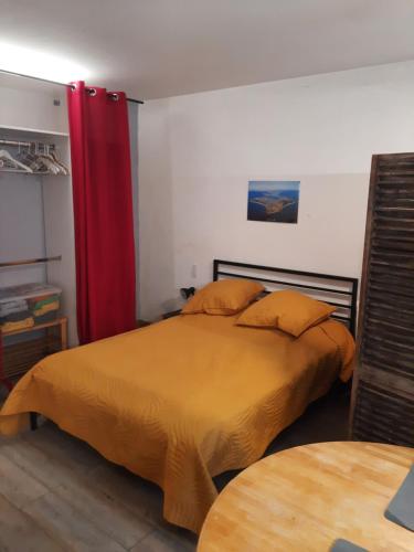 une chambre avec un lit et un rideau rouge dans l'établissement Duplex14h 1er étage jardinet 1 parking ou studio14B rdc terrasse sans parking, à La Rochelle
