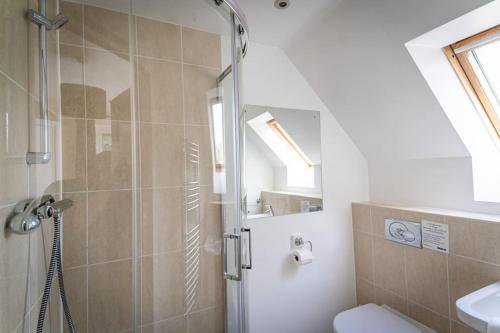 a bathroom with a shower and a toilet and a sink at Norbury, woodland lodge with hot tub for 12 in Oakamoor