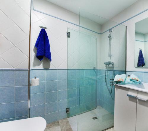 y baño con ducha de azulejos azules. en El Rincón del Tarabilla, en Fermoselle