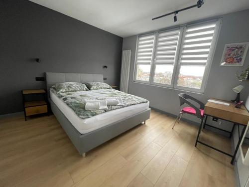 a bedroom with a bed and a desk and two windows at Apartamenty Tychy Czysta 33 in Tychy