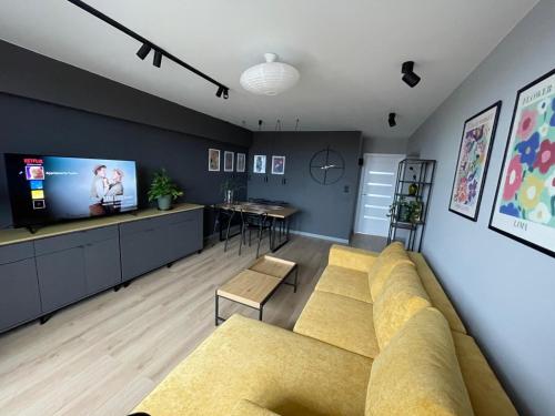 a living room with a couch and a tv at Apartamenty Tychy Czysta 33 in Tychy