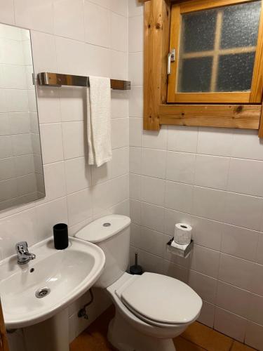 a bathroom with a toilet and a sink at Chalé 40 - Penhas da Saúde in Penhas da Saúde