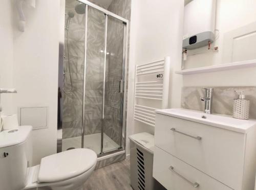 une salle de bain blanche avec douche et toilettes dans l'établissement Superbe appartement sur cour arborée, à Dijon