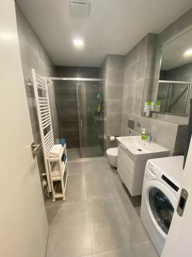 a bathroom with a toilet sink and a washing machine at Quiet apartment near Prague centre in Prague