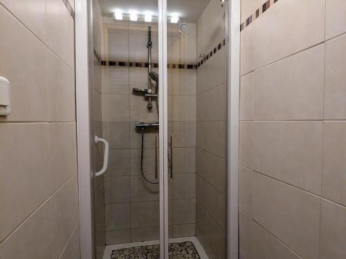 une douche avec une porte vitrée dans une salle de bain dans l'établissement Chalet familial spacieux avec spa, sauna et salle de jeux - FR-1-589-750, à Ban-sur-Meurthe-Clefcy