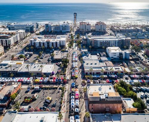 an aerial view of a city with the ocean at The Brick Boutique Hotel in Oceanside