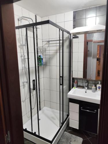 a bathroom with a shower and a sink at Apartment Block D in Podgorica