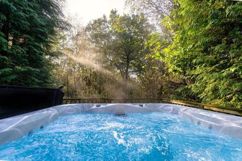 a hot tub in the middle of a forest at Farley, woodland lodge with hot tub for 8 in Oakamoor