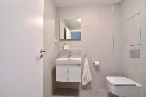 a white bathroom with a toilet and a sink at BRIS Apartment, 1-2 guests, Free Parking & Wifi, 4km Downtown, Bratislava in Nivy