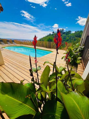 - une piscine avec des fleurs rouges en face d'une terrasse en bois dans l'établissement Appartement Mare è Machja avec piscine et vue mer, à Sari-Solenzara