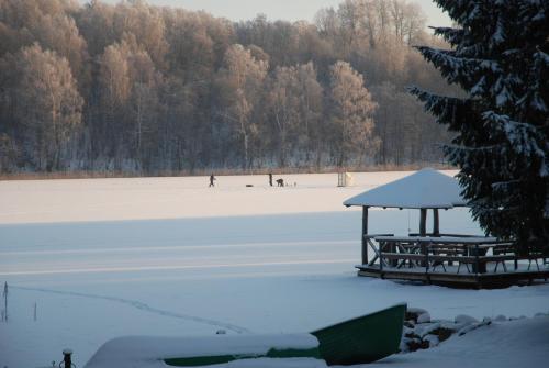 a gazebo on a frozen lake in the snow at Prie Klykio in Utena
