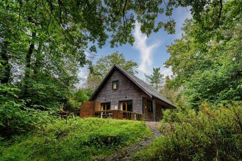 a small wooden house in the middle of a forest at Ellastone, woodland lodge with hot tub for 8 in Oakamoor