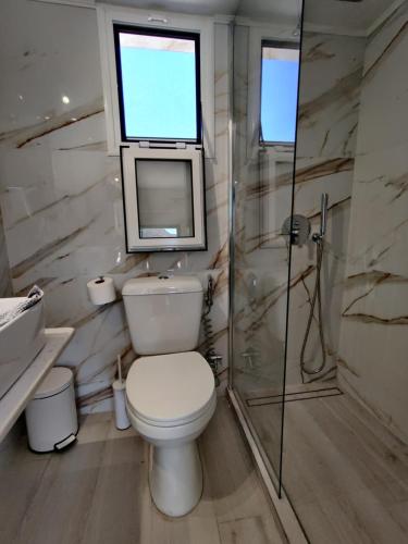 a bathroom with a toilet and a shower and a window at Dimitris Villa Hotel in Matala