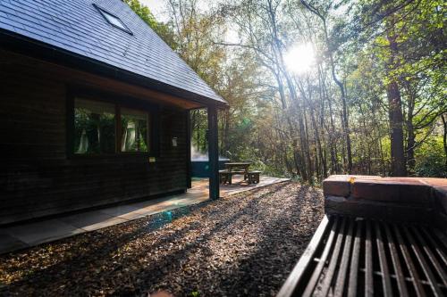 a cabin with a bench and a picnic table in the woods at Denstone, woodland lodge with hot tub for 8 in Oakamoor