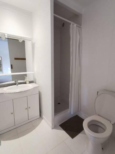 une salle de bain blanche avec des toilettes et un lavabo dans l'établissement Le Pistoulet, à Saint-Siffret