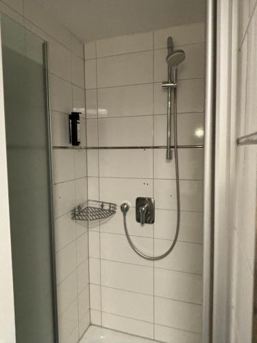 a shower with a shower head in a bathroom at Pension Gergert am Neckar in Neckarsulm