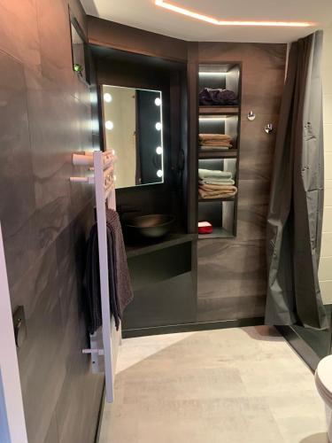 une salle de bain avec toilettes, lavabo et miroir dans l'établissement A labri du vent, à Sainte-Marie-aux-Mines